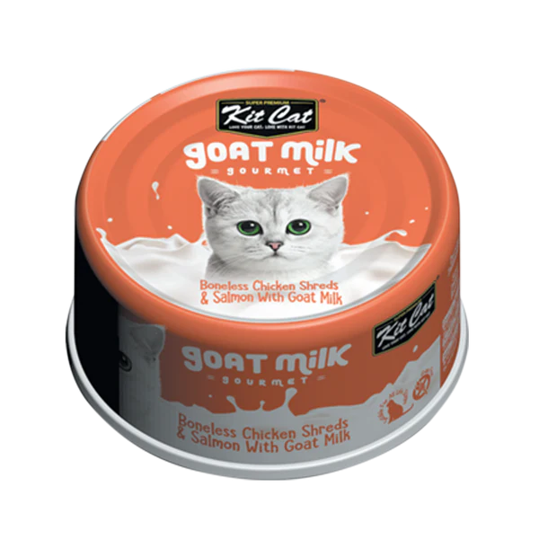 Kit Cat Goat Milk Gourmet Boneless Chicken Shreds & Salmon 70g